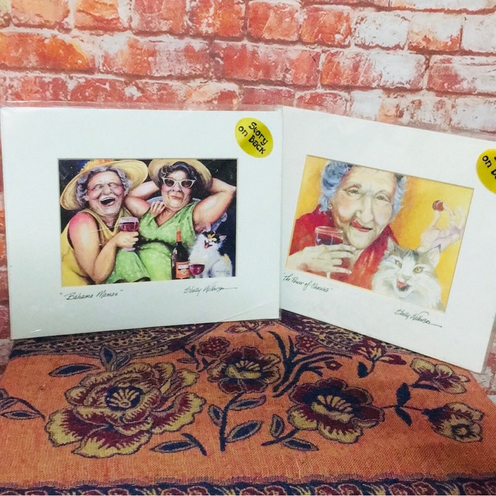 Set of Matted Whimsical Wine Drinking Cat Ladies Art Prints by Shelly Wi…